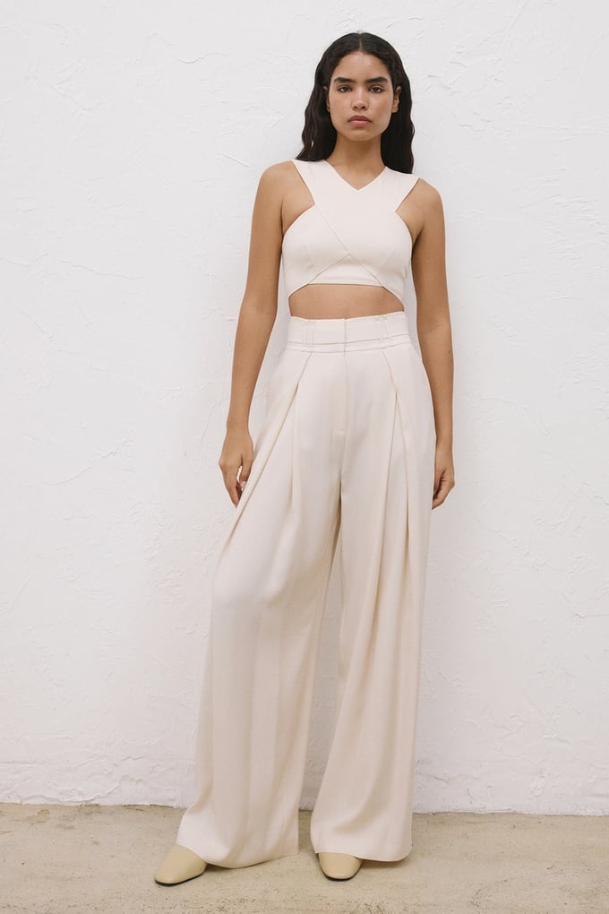 High-Waist Belt Detail Wide Leg Beige Trousers