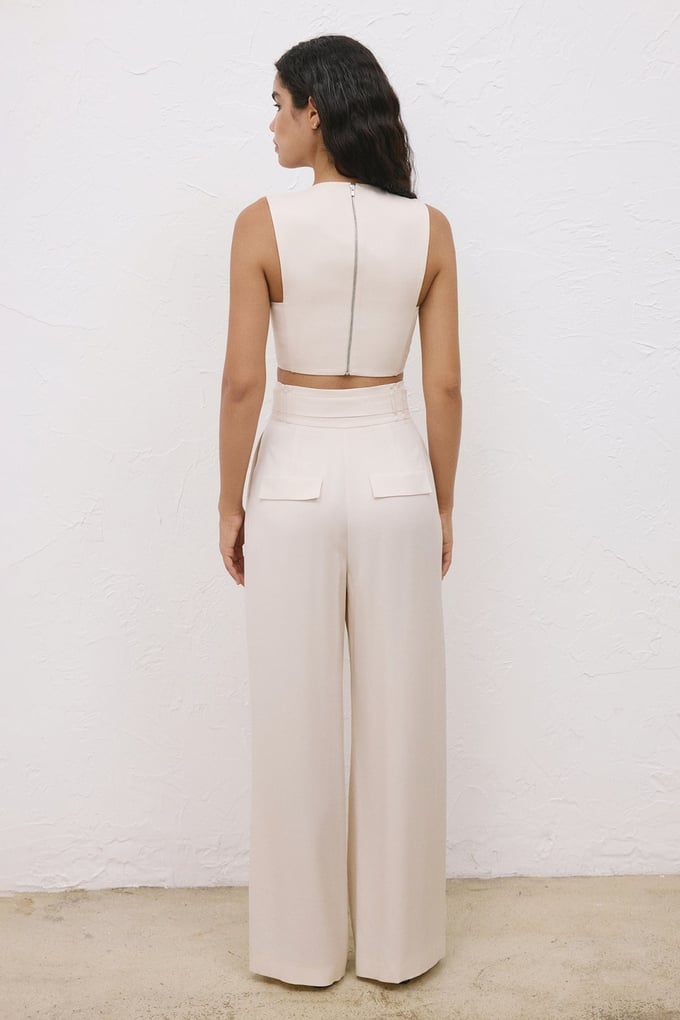 High-Waist Belt Detail Wide Leg Beige Trousers