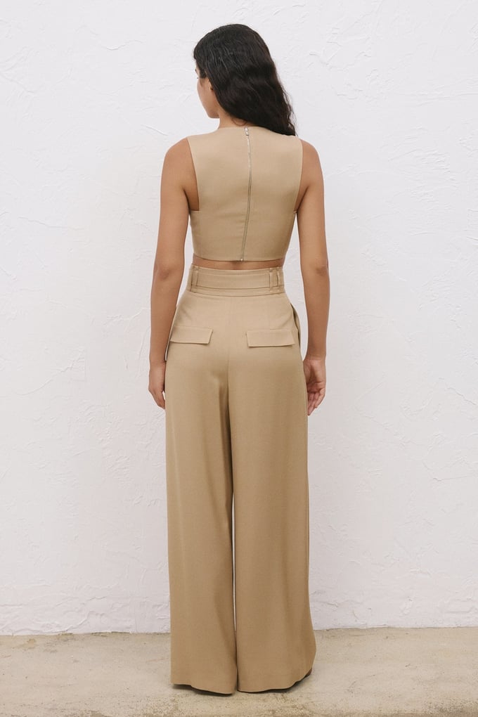 High Waist Belt Detail Wide Leg Camel Trousers