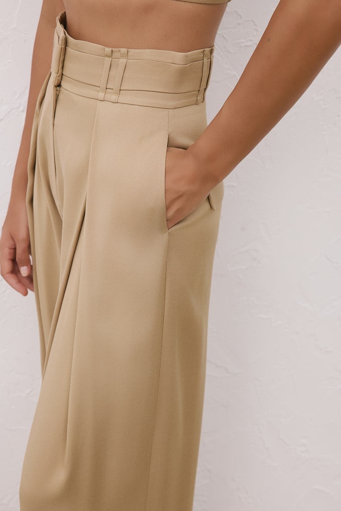 High Waist Belt Detail Wide Leg Camel Trousers