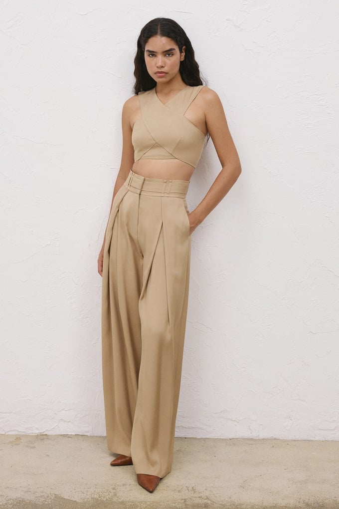 High Waist Belt Detail Wide Leg Camel Trousers