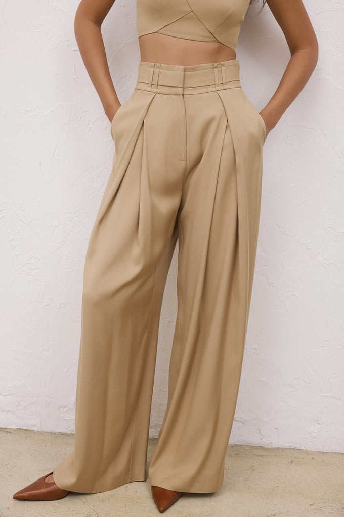 High Waist Belt Detail Wide Leg Camel Trousers