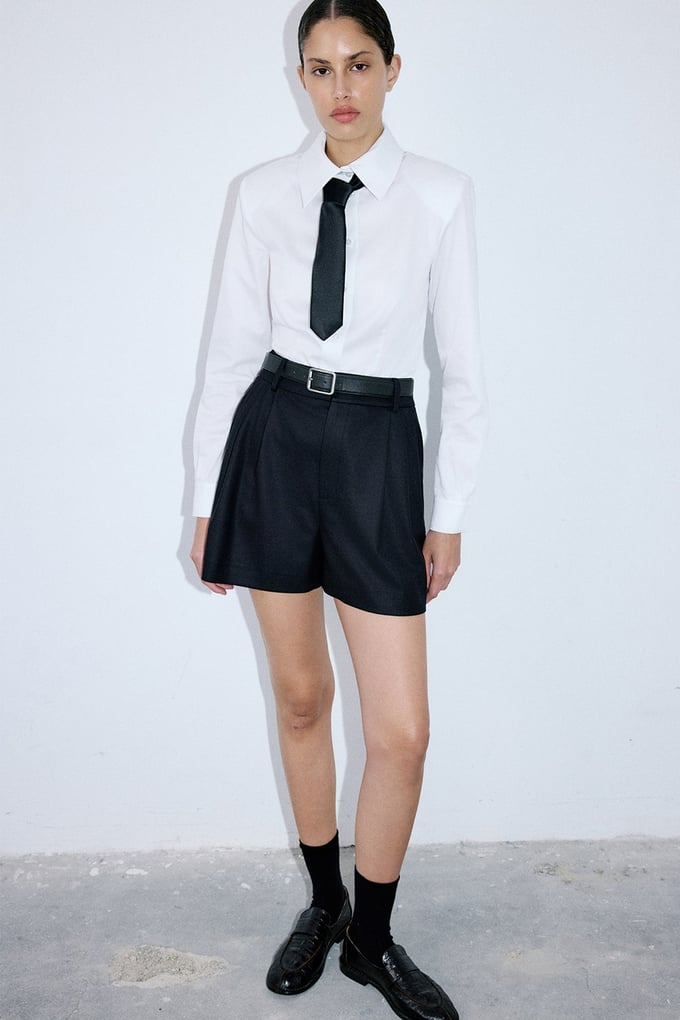 High Waist Pleat Detail Black Shorts