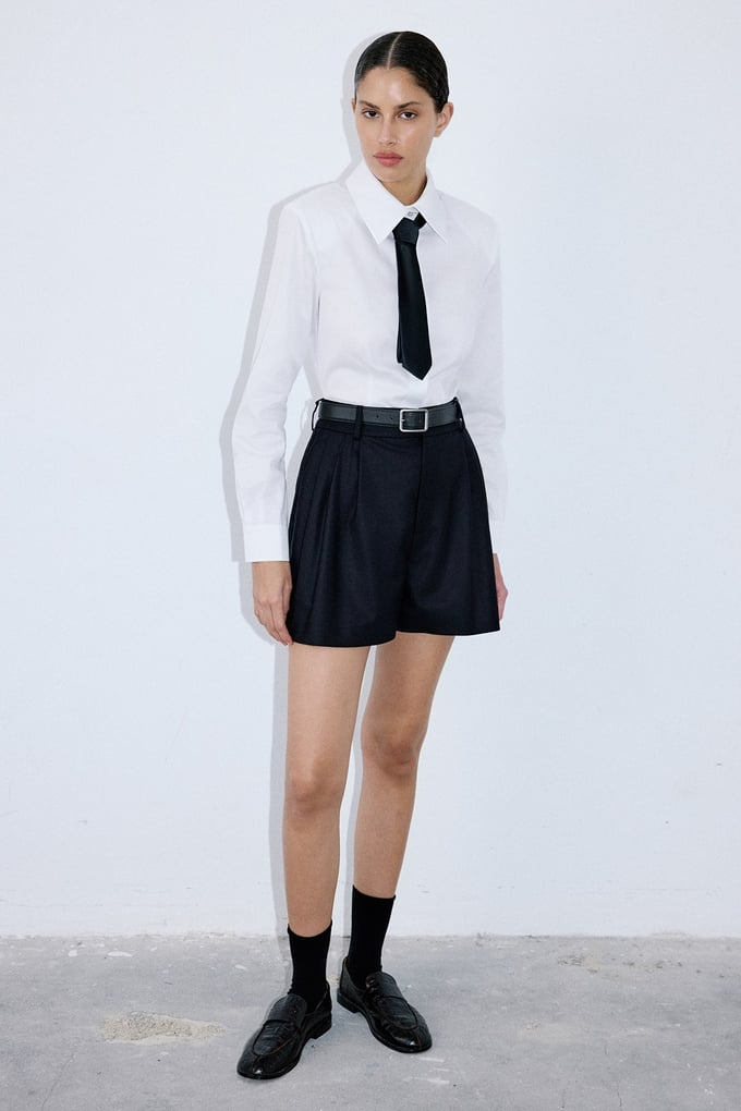 High Waist Pleat Detail Black Shorts