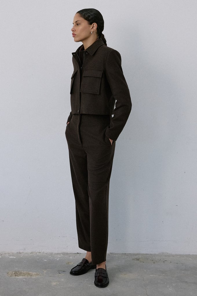 High Waist Wool Textured Brown Trousers