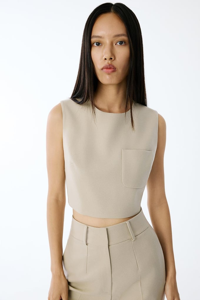 Wool-Textured Crop Beige Blouse