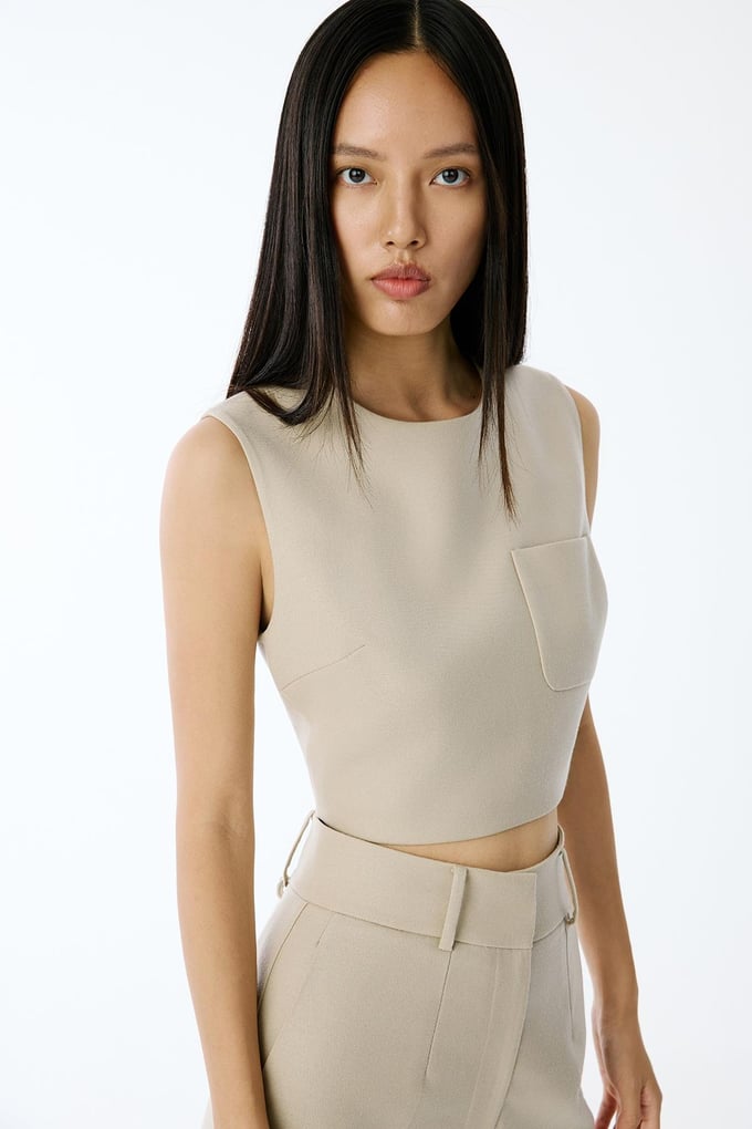 Wool-Textured Crop Beige Blouse