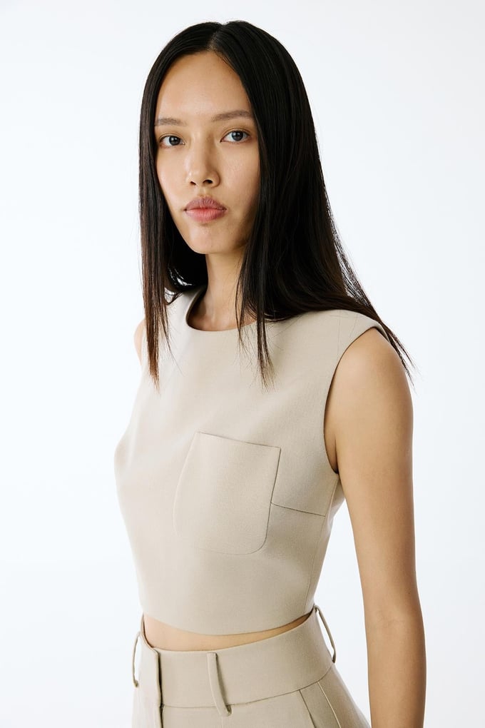Wool-Textured Crop Beige Blouse