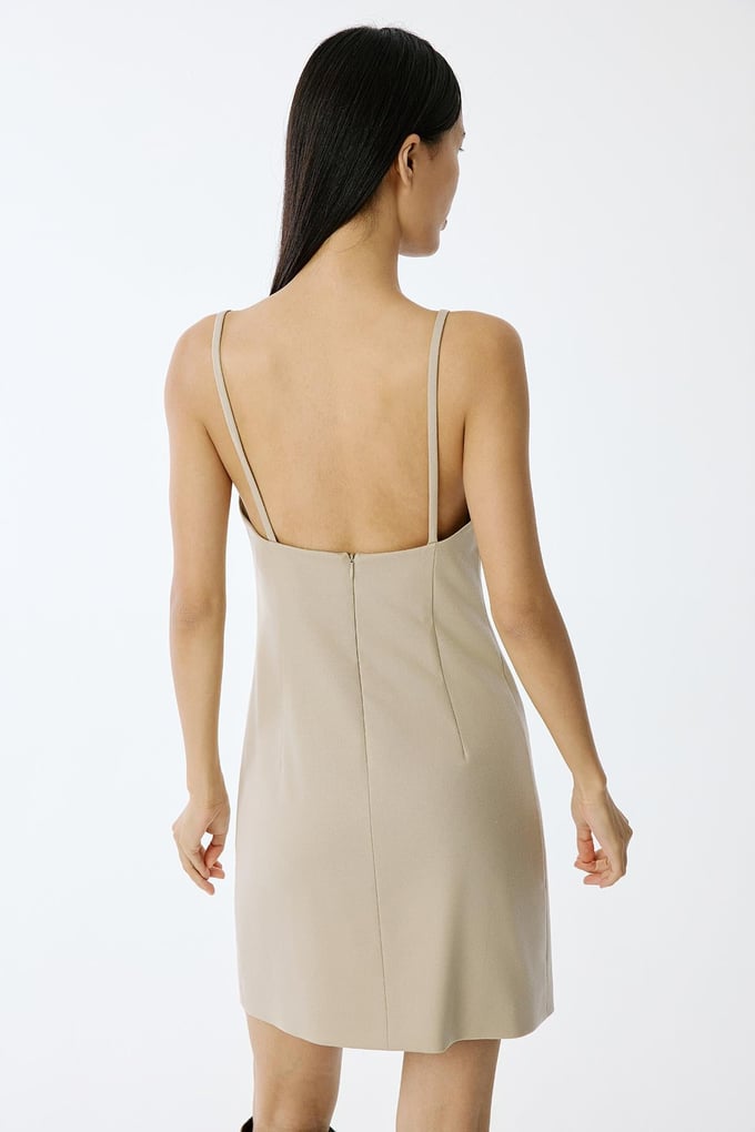 Wool-Textured Square Neck Mini Beige Dress