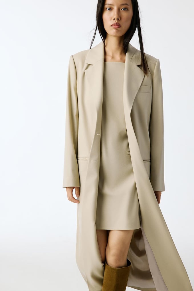Wool-Textured Square Neck Mini Beige Dress