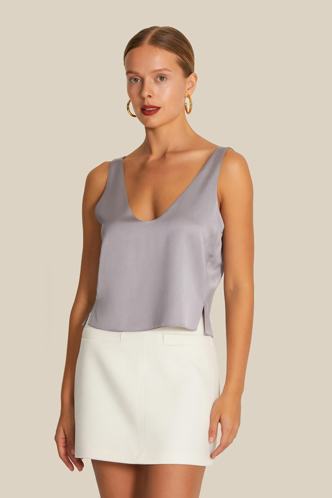 Sleeveless V Neck Grey Blouse