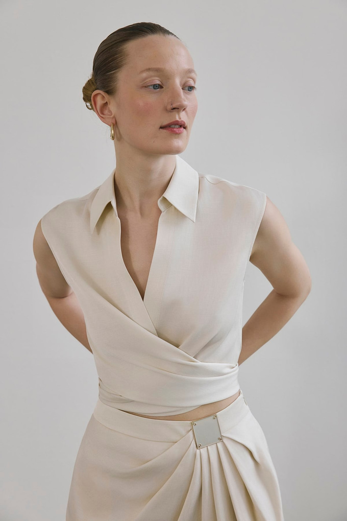 Bağlamalı Keten Karışımlı Ekru Yelek