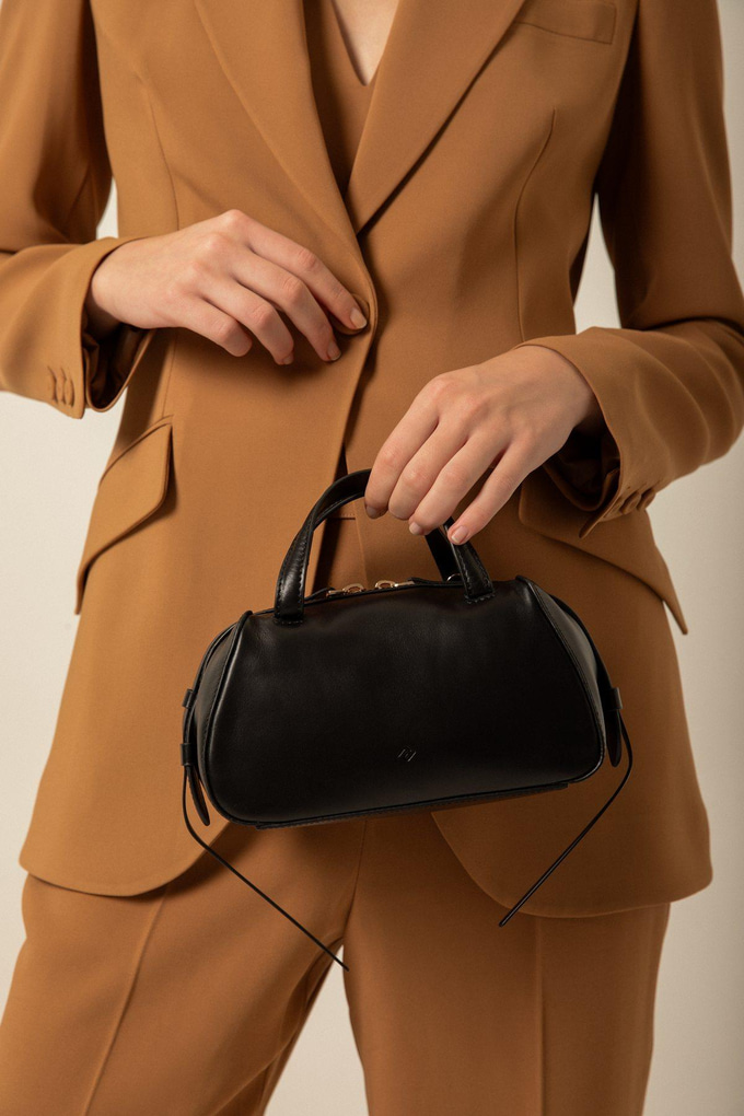 Çift Fermuarlı Siyah Mini Deri Çanta