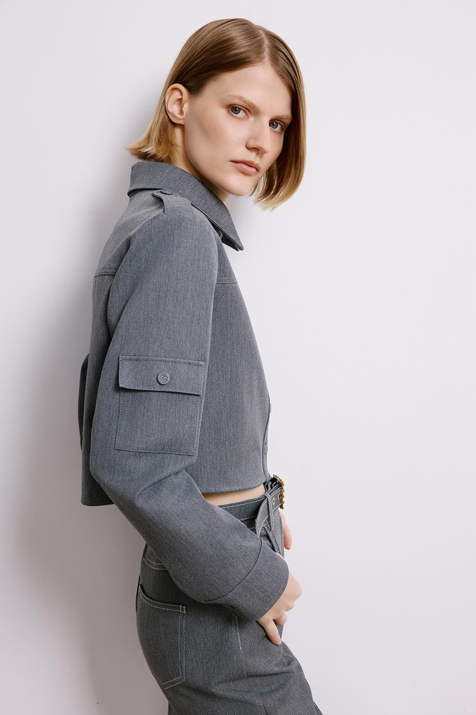 Denim Dokulu Gri Uzun Kollu Gömlek