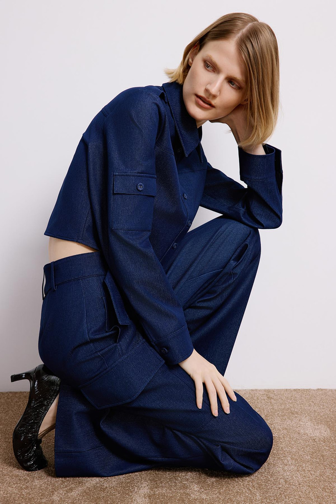 Denim Dokulu Lacivert Kargo Pantolon