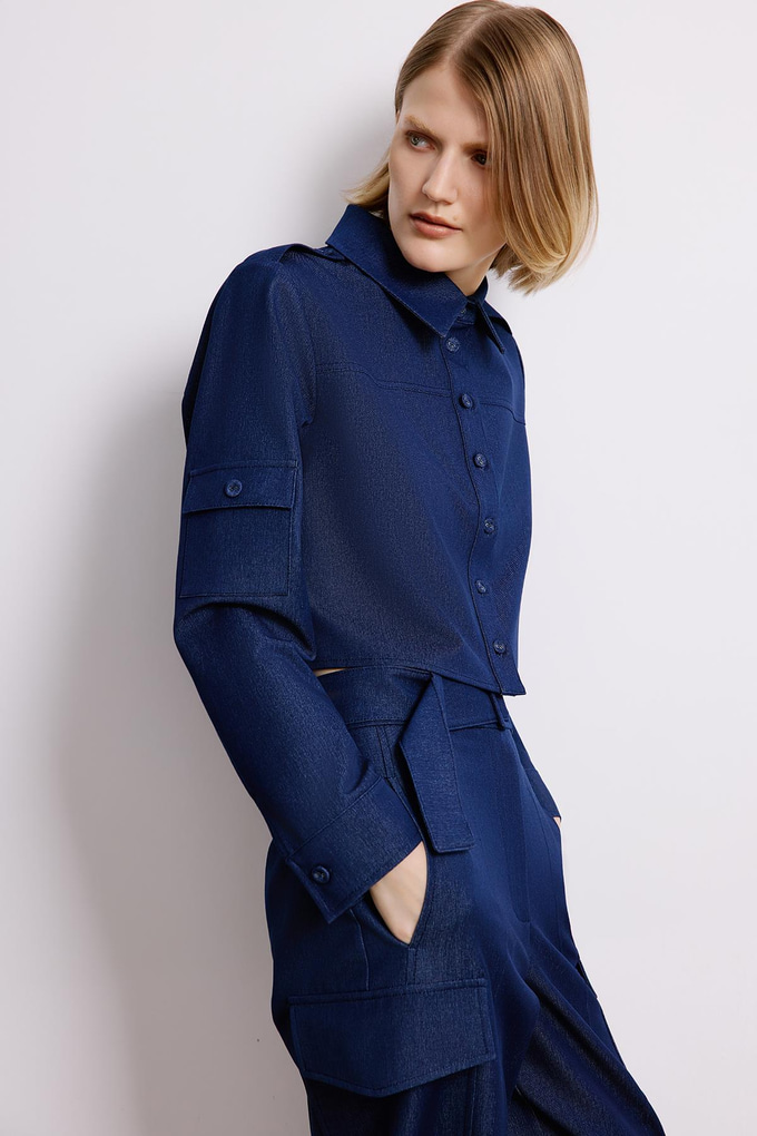 Denim Dokulu Lacivert Uzun Kollu Gömlek
