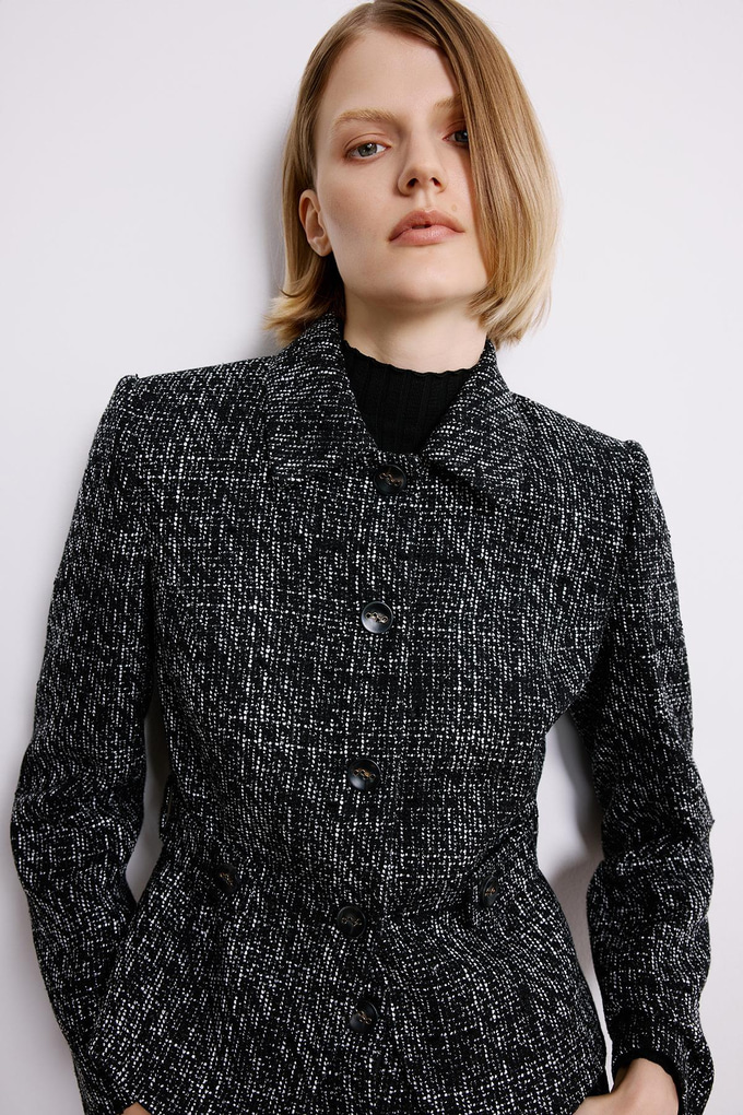 Black Tweed Blazer With Button Detail