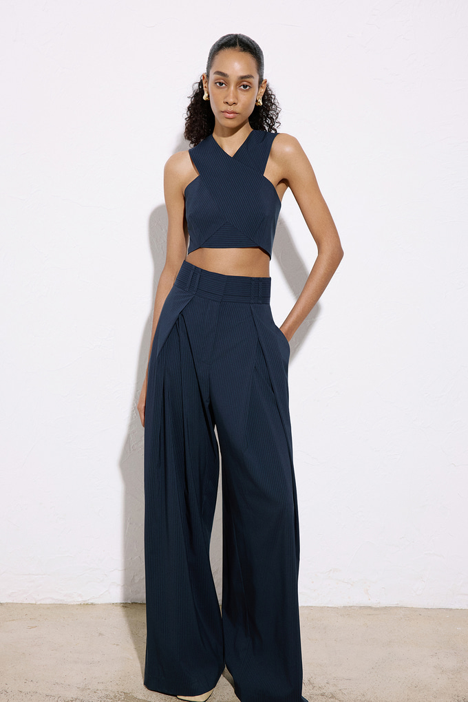 Geniş Paça Çizgili Lacivert Pantolon