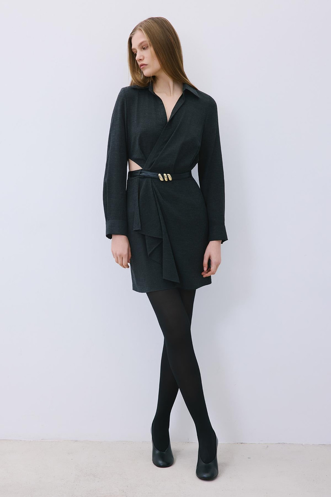Anthracite Mini Wrap Dress with Gold Belt Detail