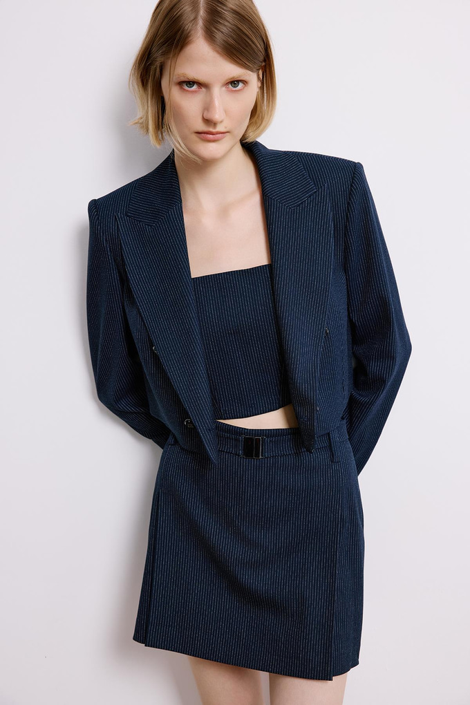 Navy Striped Wrap Crop Blazer