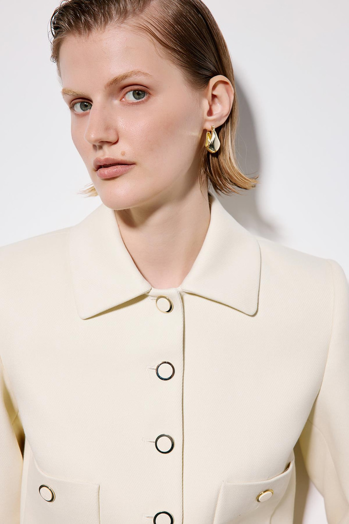 Ecru Crop Blazer With Metal Buttons