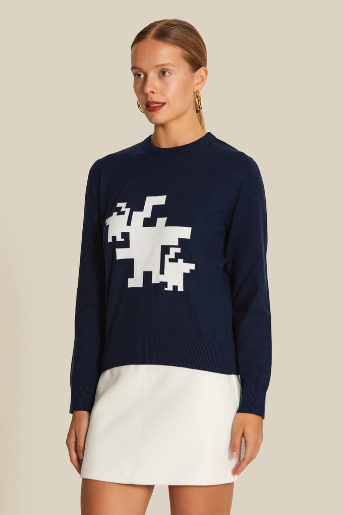 Önü Desenli Sıfır Yaka Lacivert Triko Kazak