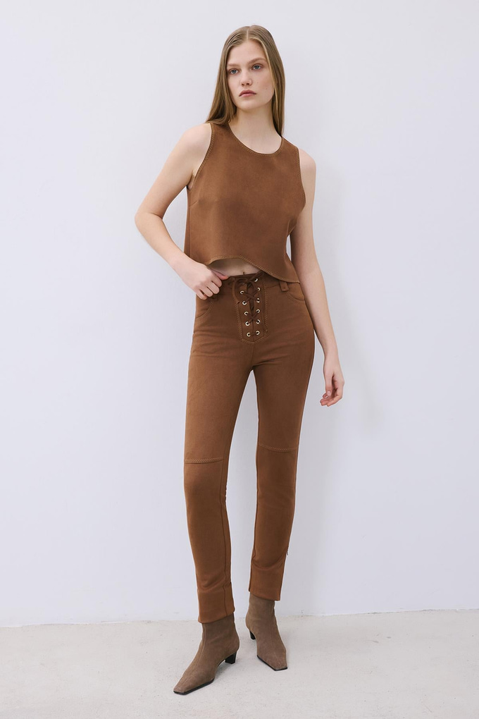 Brown Suede Crop Blouse with Contrast Stitch