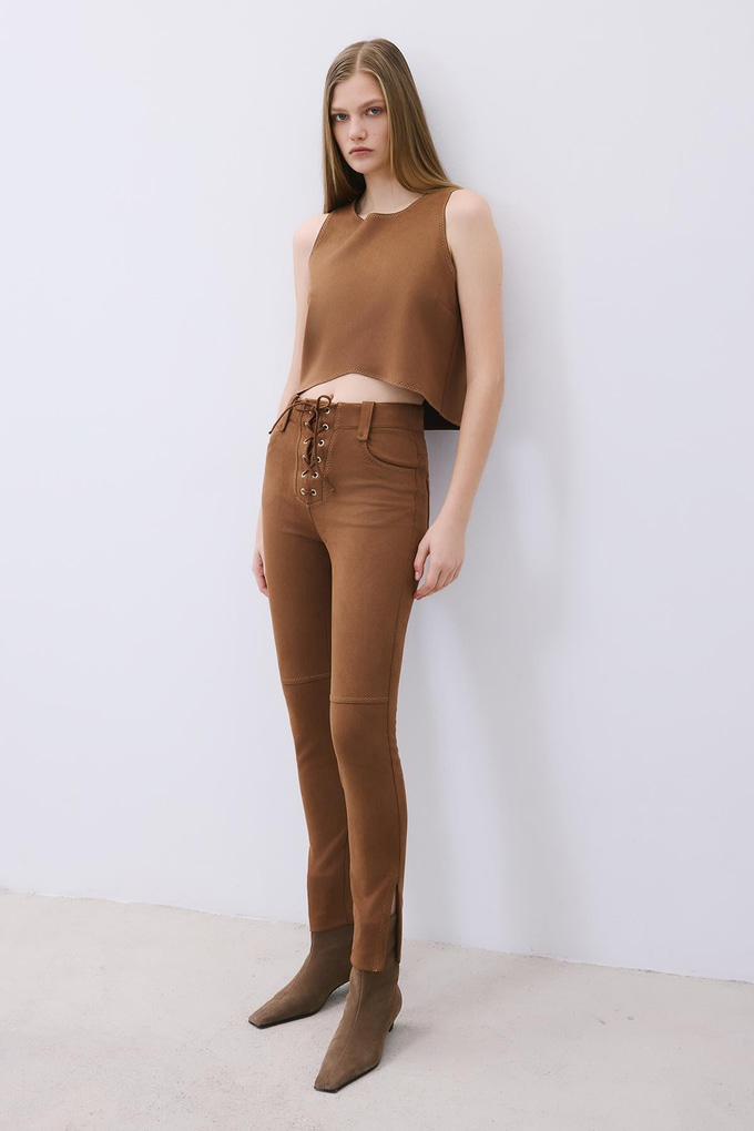 Brown Suede Slim Fit Pants with Stitch Details