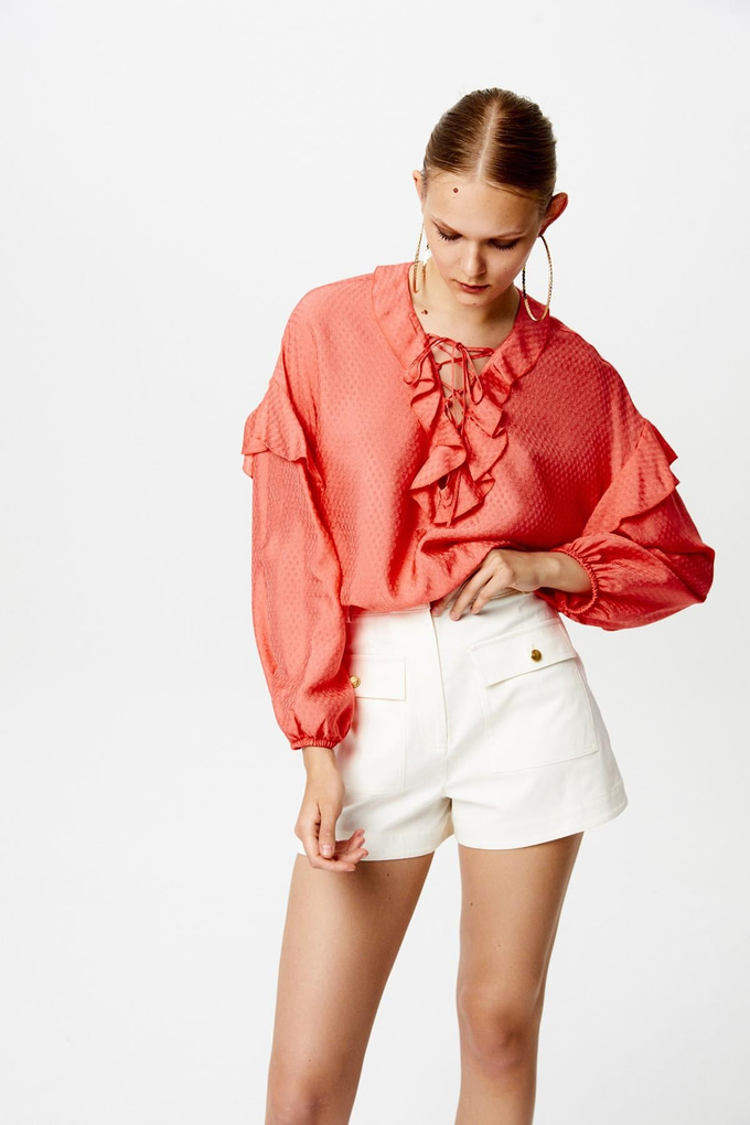 Ruffled Coral Semi-Sheer Blouse