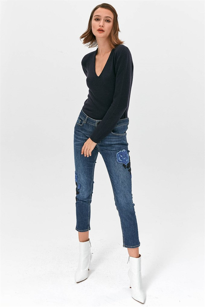 Denim Çiçek Aplikeli Jean Pantolon