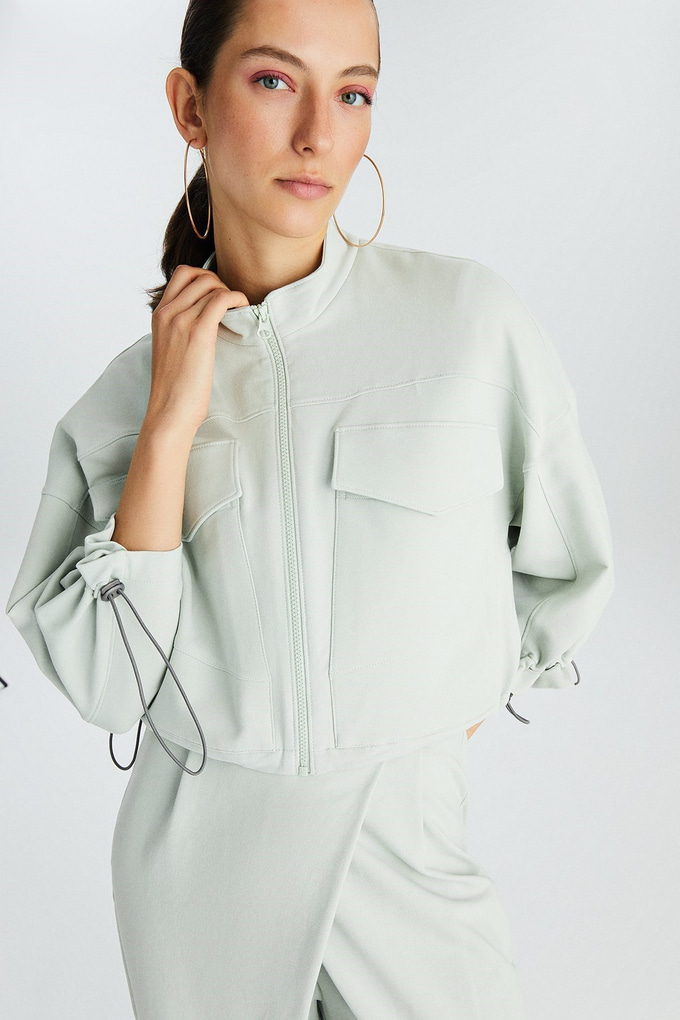 Fermuarlı Mint Kısa Sweatshirt