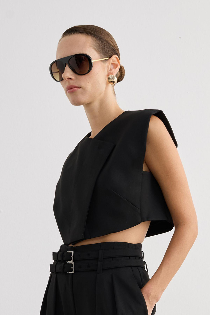Asymmetrical Neck Sleeveless Black Crop Blouse
