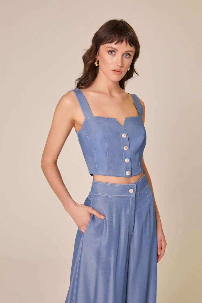 Askılı Denim Efektli İndigo Büstiyer