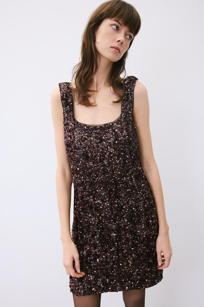 Askılı Payet Mini Bordo Elbise