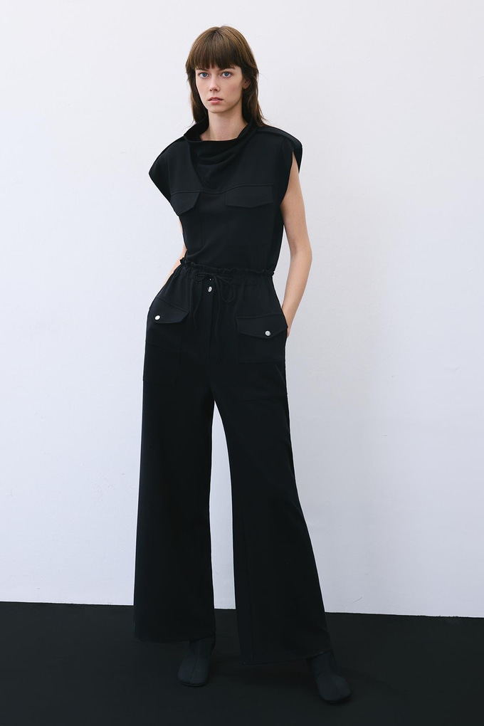 Black Wool-Blend Wide Leg Pants with Drawstring Waist