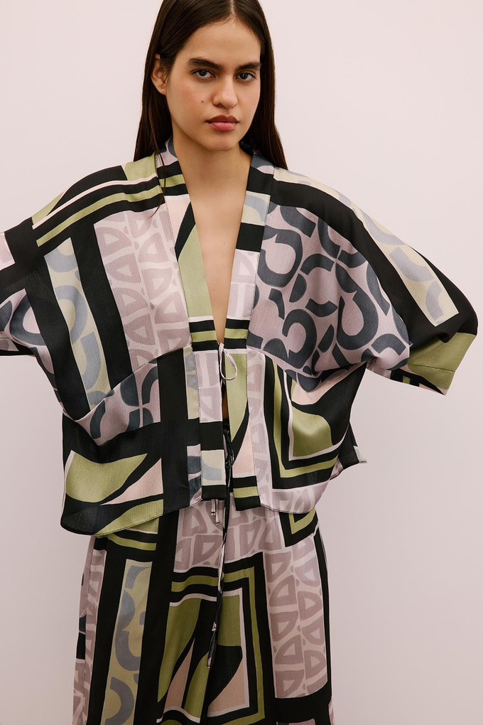 Tie-Up Patterned Black Kimono