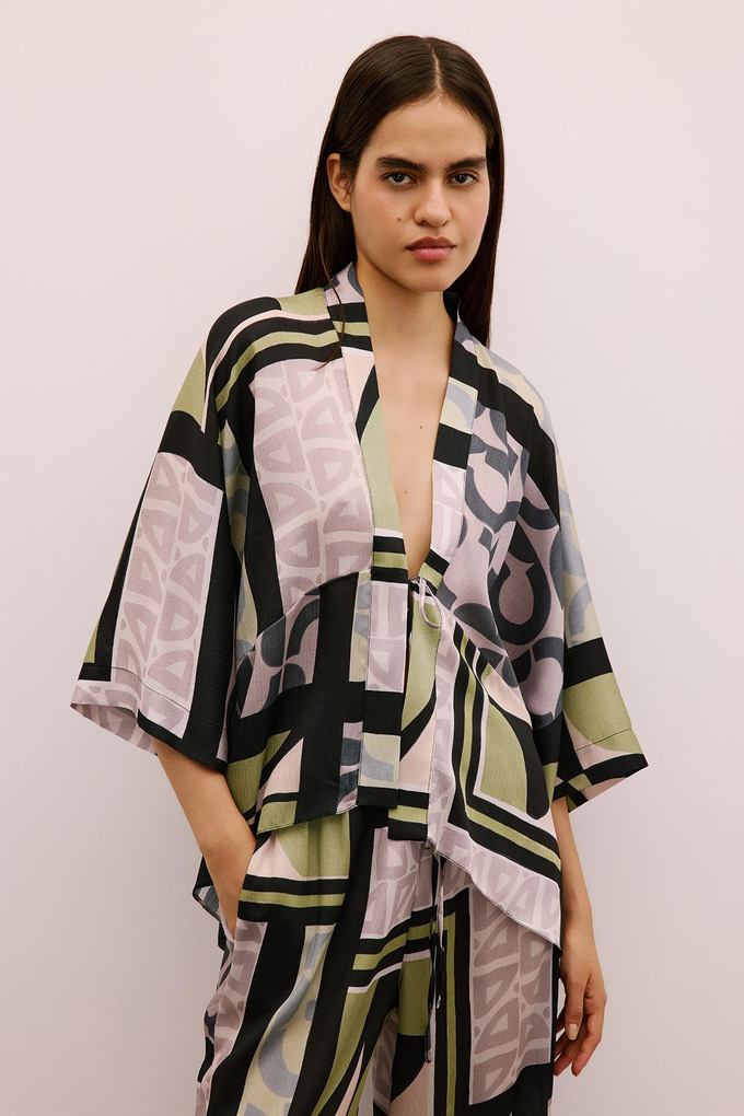 Tie-Up Patterned Black Kimono