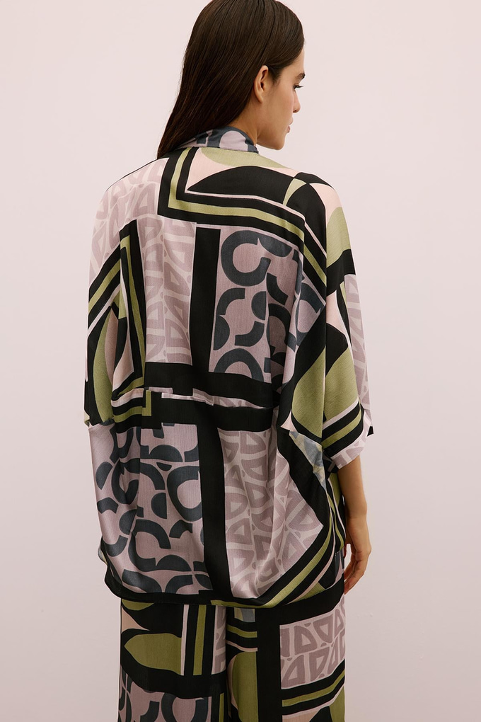 Tie-Up Patterned Black Kimono