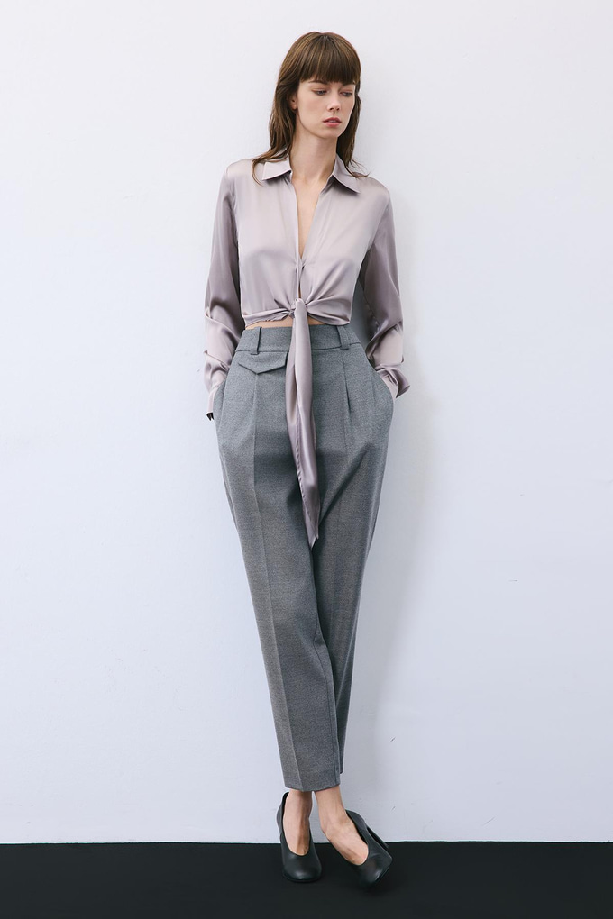 Bağlamalı İpek Crop Gri Gömlek Bluz