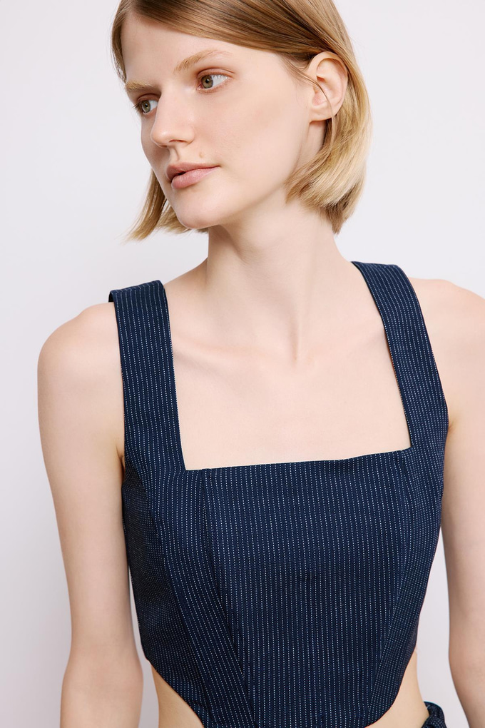 Navy Striped Crop Bustier With Boning