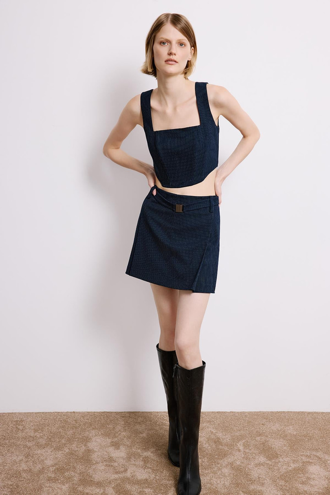 Navy Striped Crop Bustier With Boning