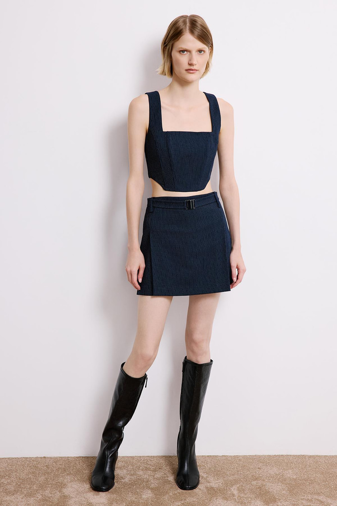 Navy Striped Crop Bustier With Boning