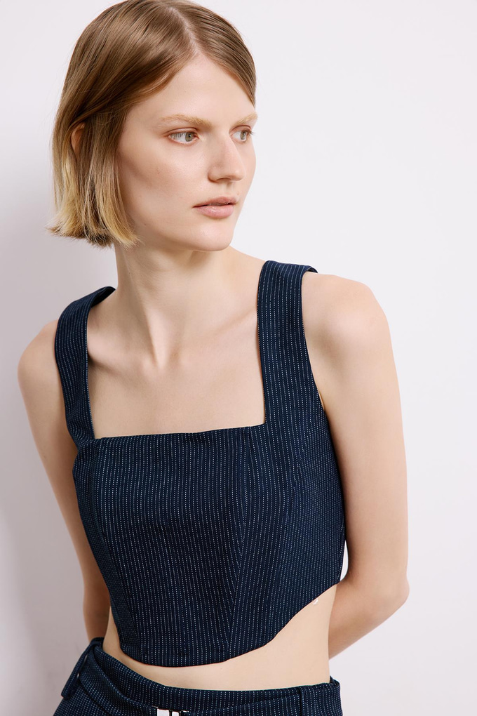 Navy Striped Crop Bustier With Boning