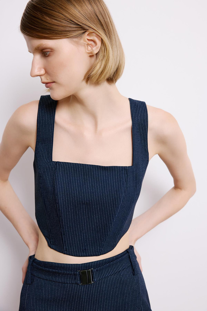 Navy Striped Crop Bustier With Boning