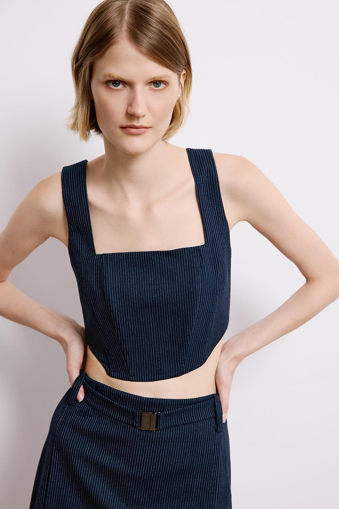 Navy Striped Crop Bustier With Boning