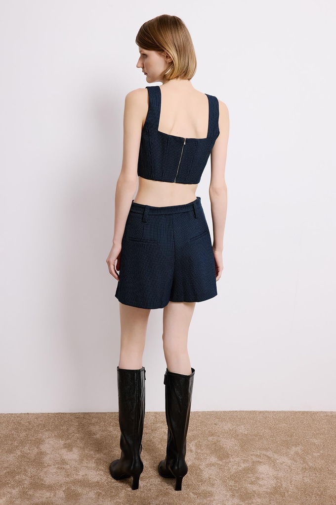 Navy Striped Crop Bustier With Boning