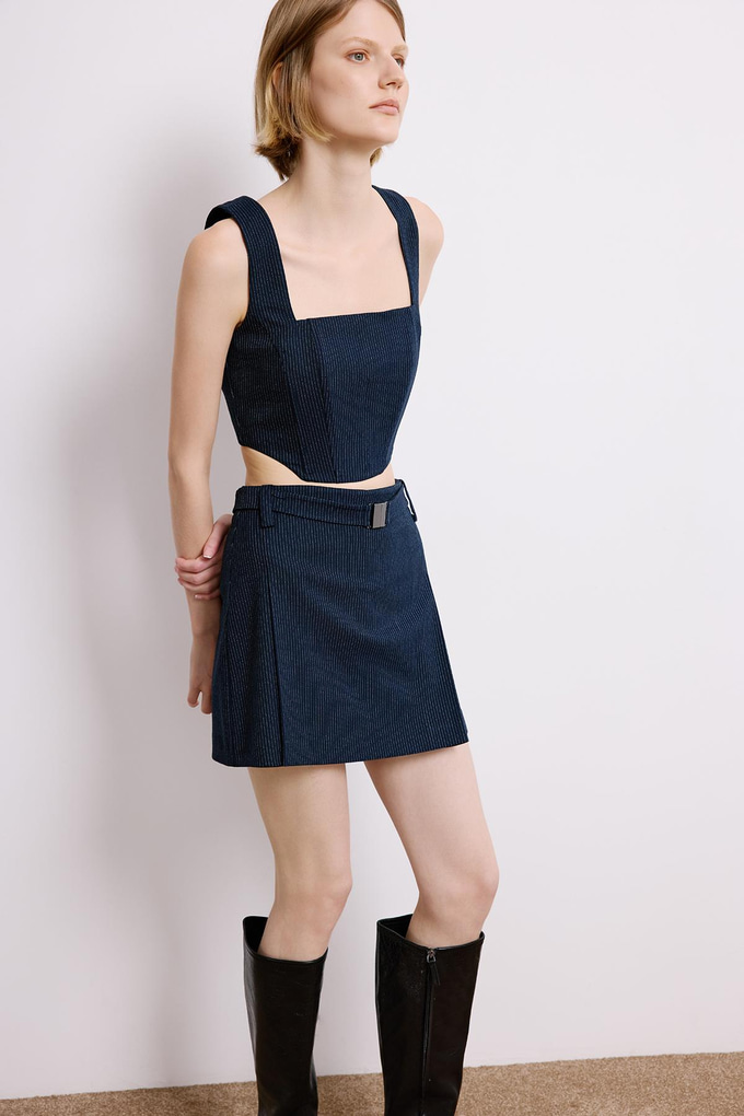 Navy Striped Crop Bustier With Boning