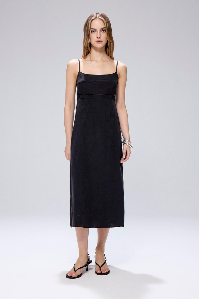 Waist Cutout Black Midi Dress