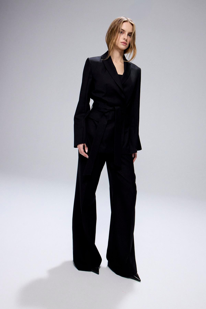 Belted Long Sleeve Black Coat