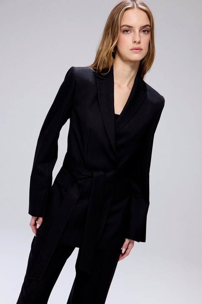 Belted Long Sleeve Black Coat